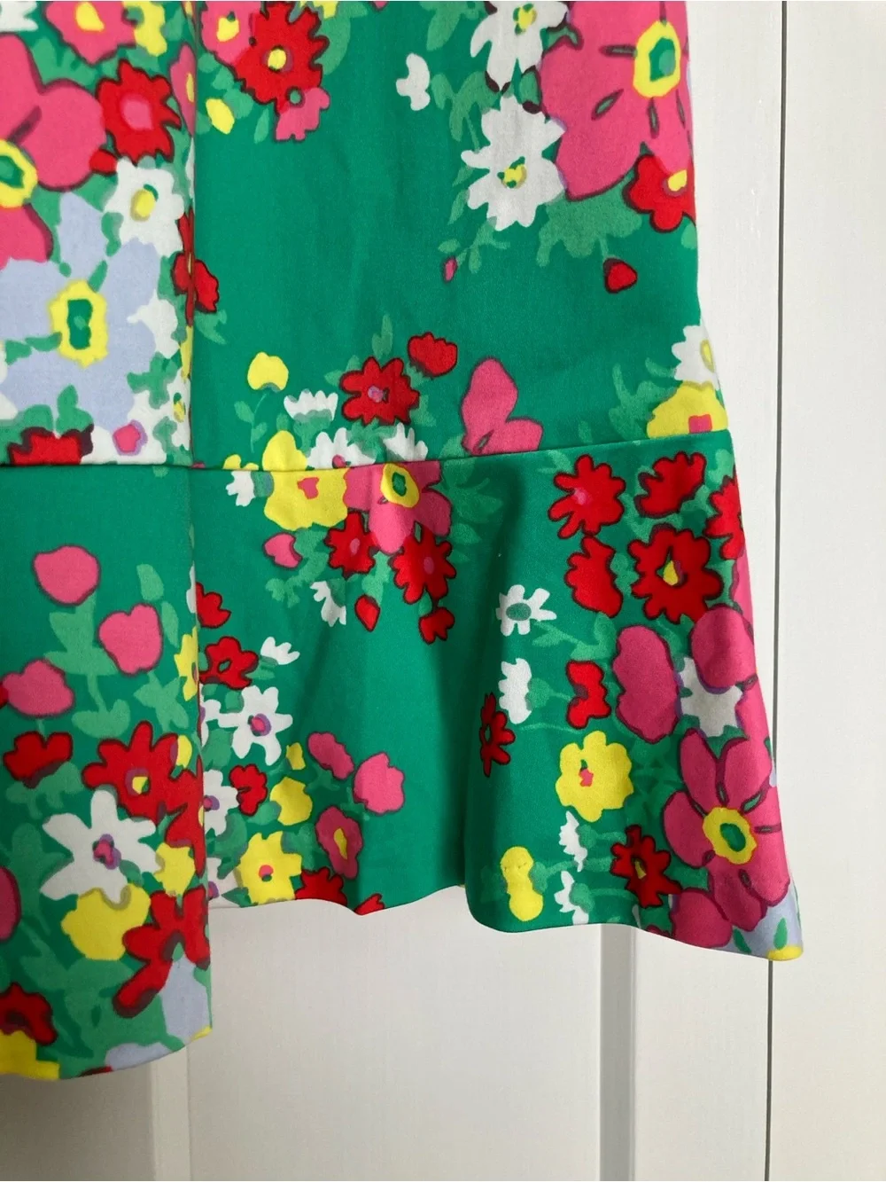Talbots Green Floral Dress with Bright Multicolor Bloom Print and Ruffle Hem
